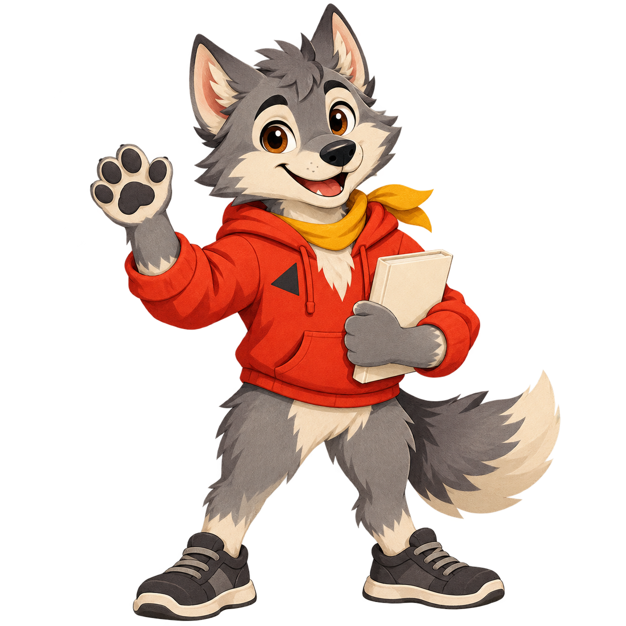 Volk, a friendly grey wolf in a red hoodie with a book